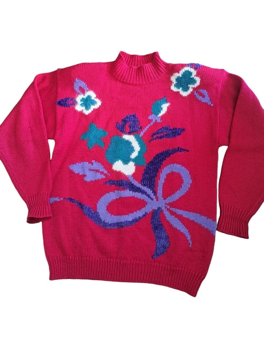 VTG 80's KARI acrylic wool blend mock neck turtleneck sweater flowers knit  M